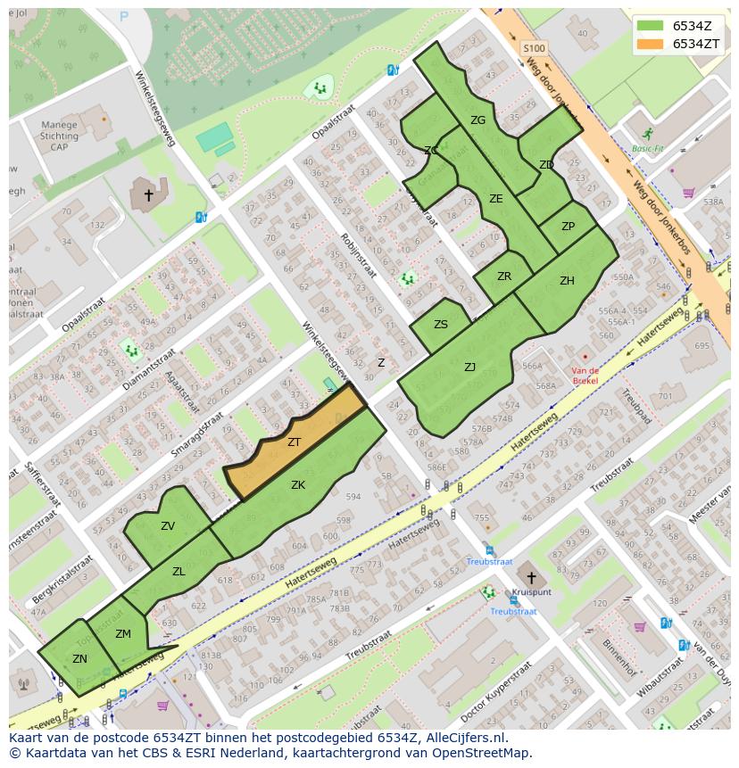 Afbeelding van het postcodegebied 6534 ZT op de kaart.