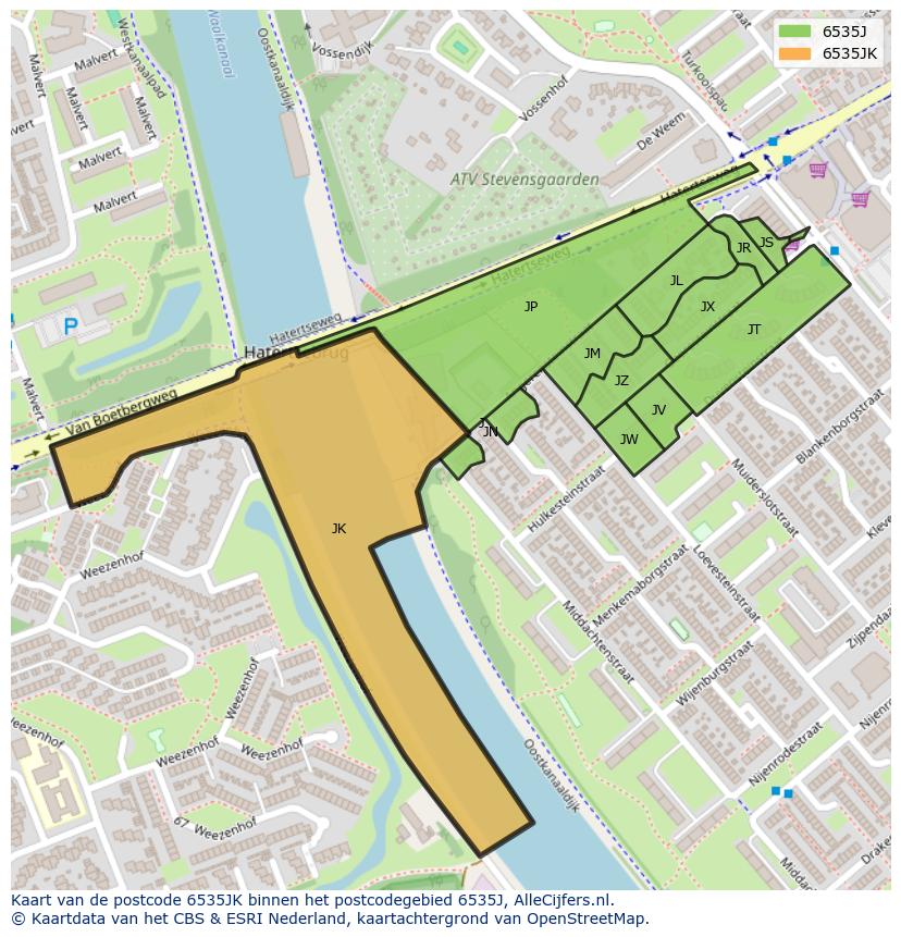 Afbeelding van het postcodegebied 6535 JK op de kaart.