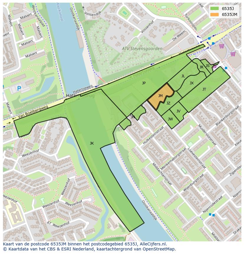 Afbeelding van het postcodegebied 6535 JM op de kaart.