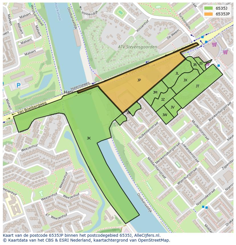 Afbeelding van het postcodegebied 6535 JP op de kaart.