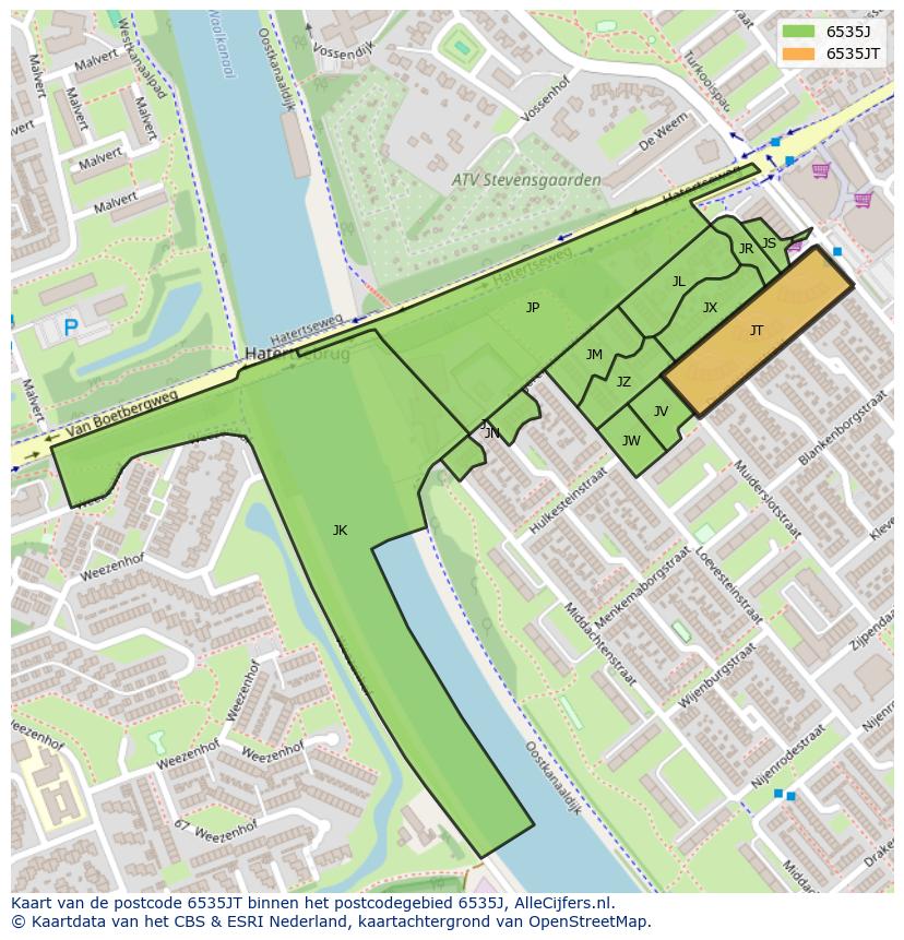 Afbeelding van het postcodegebied 6535 JT op de kaart.