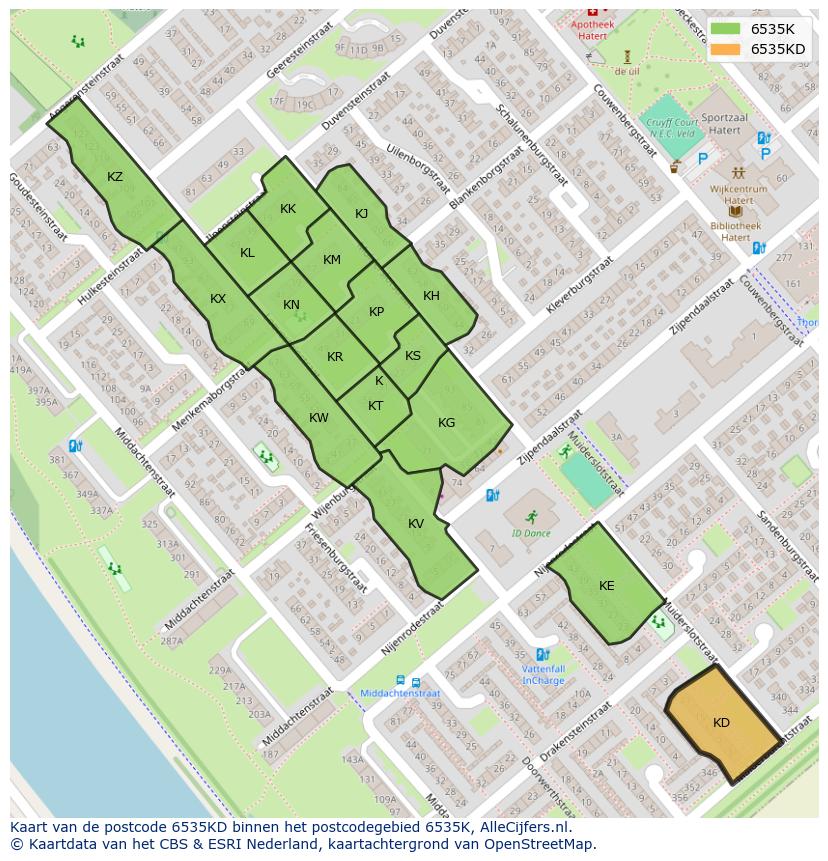 Afbeelding van het postcodegebied 6535 KD op de kaart.