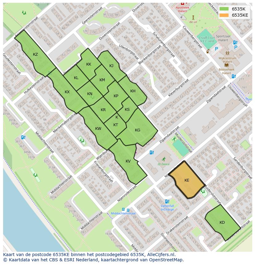 Afbeelding van het postcodegebied 6535 KE op de kaart.