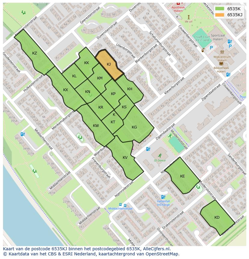 Afbeelding van het postcodegebied 6535 KJ op de kaart.