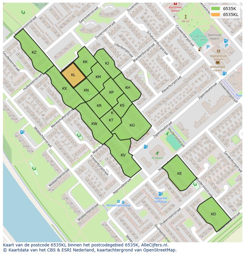Afbeelding van het postcodegebied 6535 KL op de kaart.
