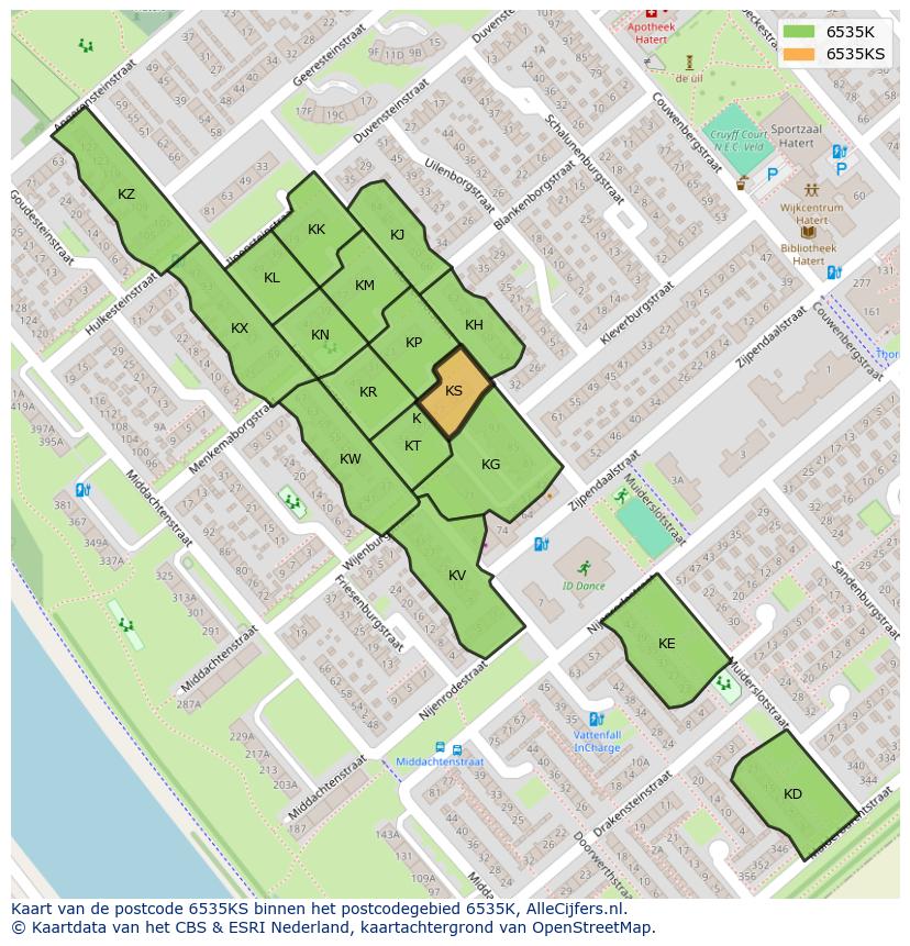 Afbeelding van het postcodegebied 6535 KS op de kaart.