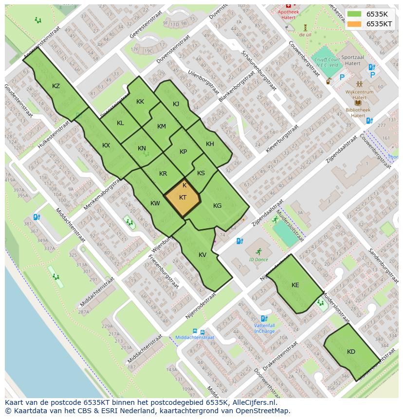 Afbeelding van het postcodegebied 6535 KT op de kaart.