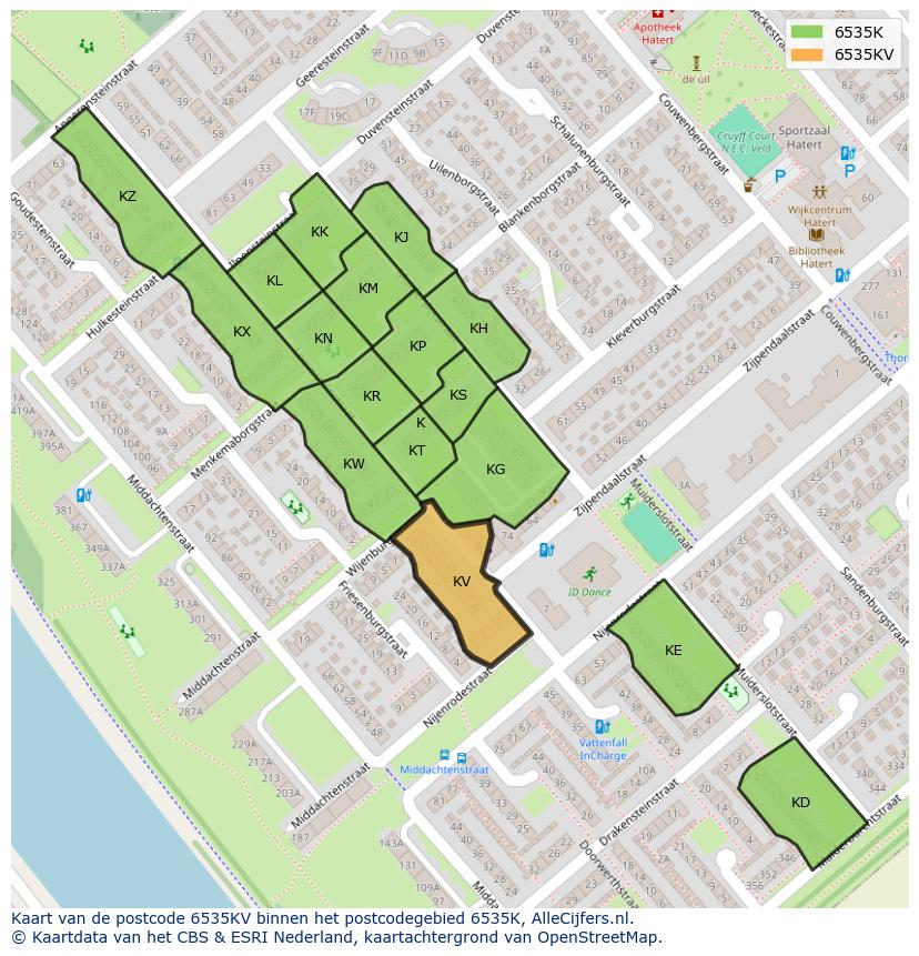 Afbeelding van het postcodegebied 6535 KV op de kaart.