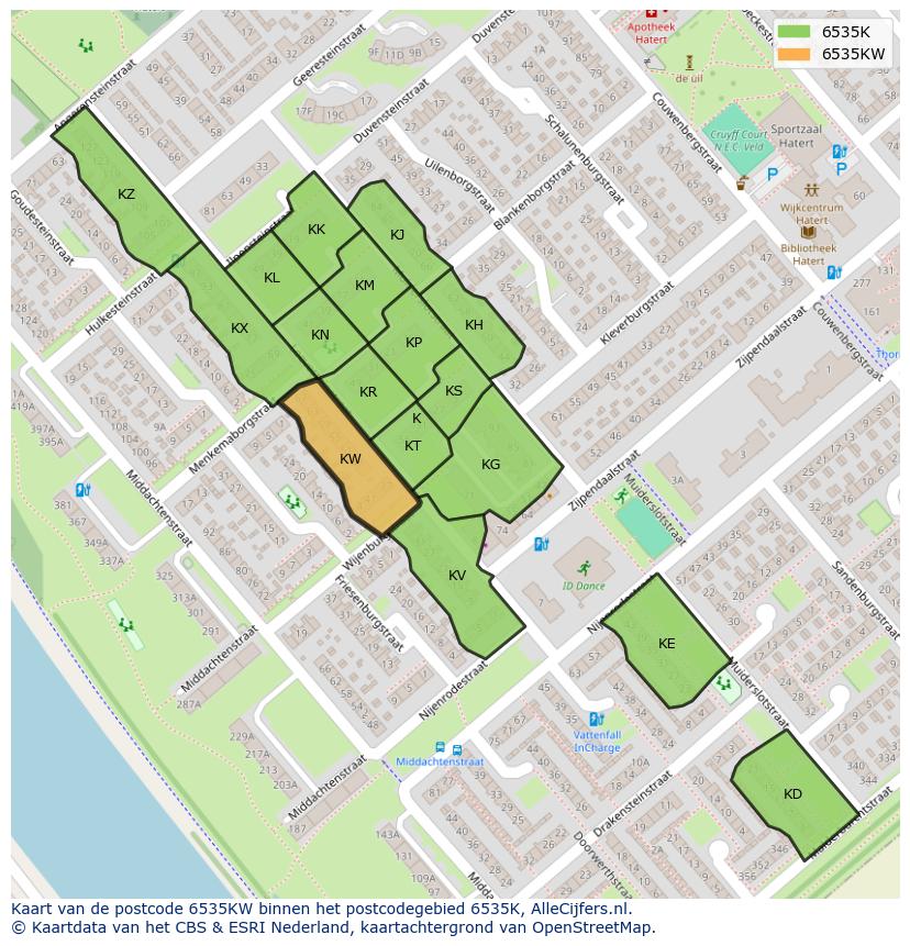 Afbeelding van het postcodegebied 6535 KW op de kaart.