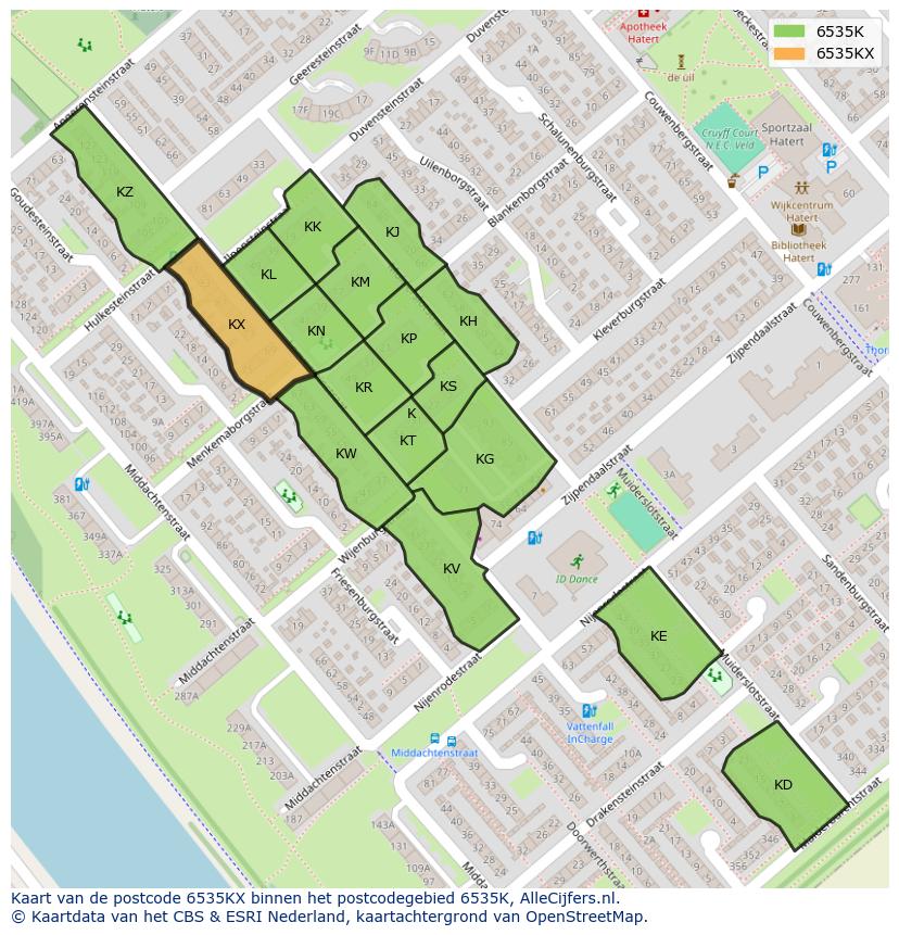 Afbeelding van het postcodegebied 6535 KX op de kaart.