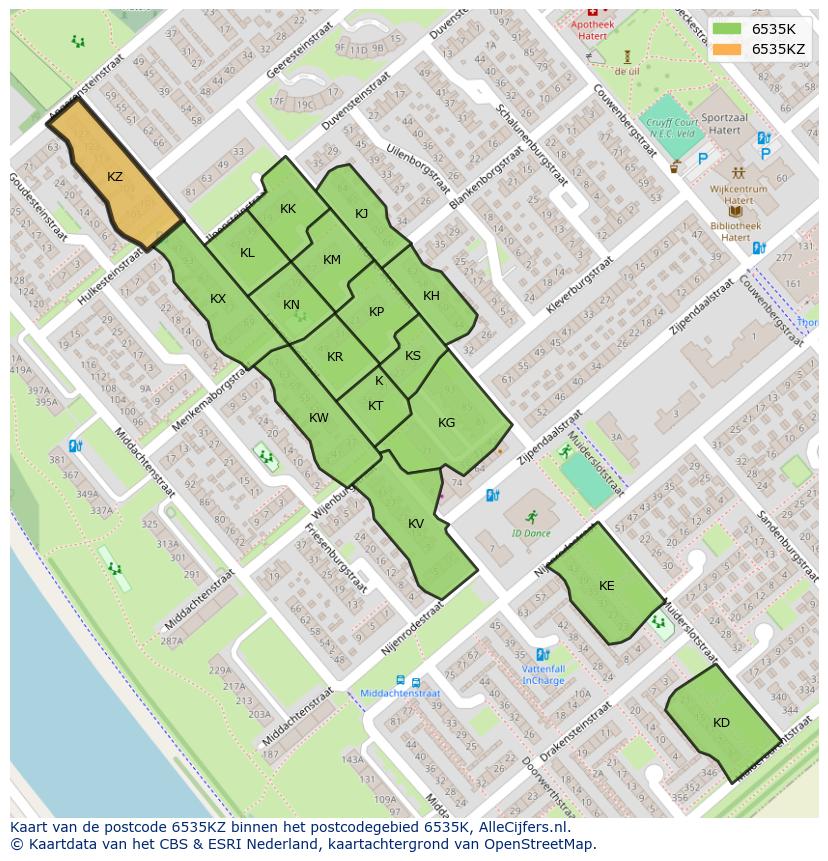 Afbeelding van het postcodegebied 6535 KZ op de kaart.