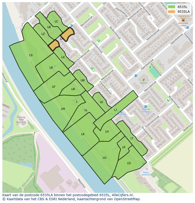Afbeelding van het postcodegebied 6535 LA op de kaart.
