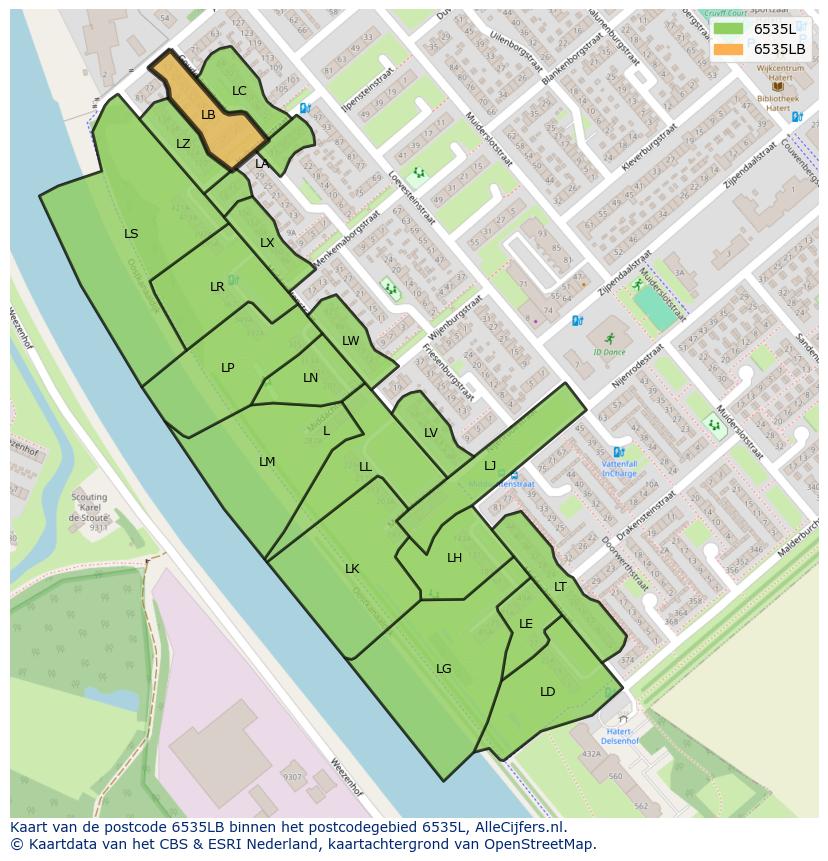 Afbeelding van het postcodegebied 6535 LB op de kaart.