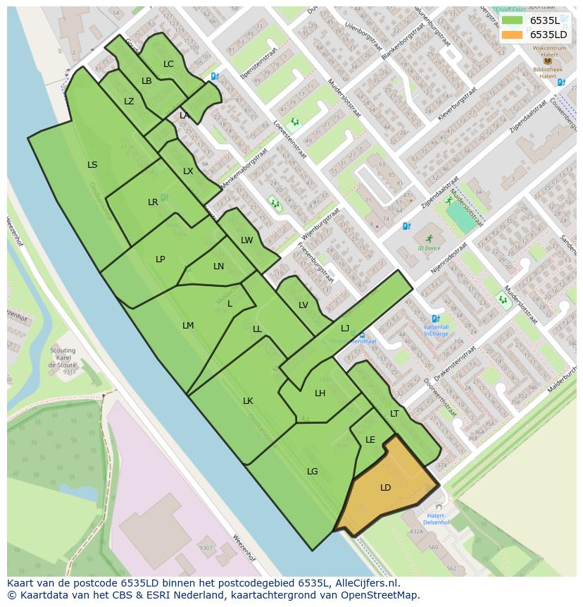 Afbeelding van het postcodegebied 6535 LD op de kaart.