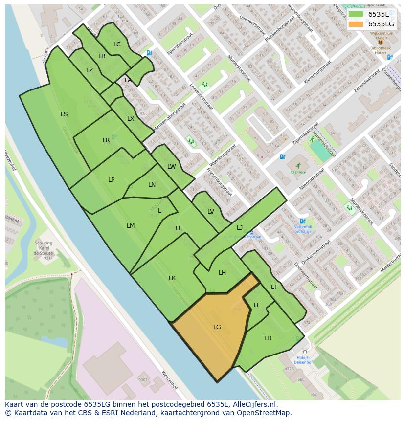 Afbeelding van het postcodegebied 6535 LG op de kaart.