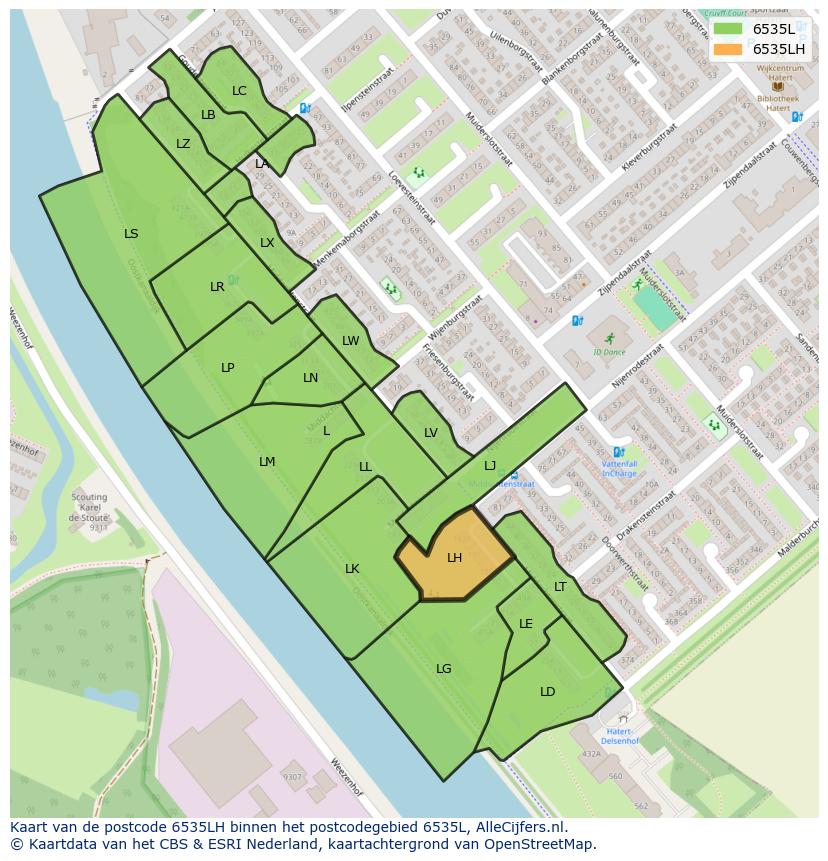 Afbeelding van het postcodegebied 6535 LH op de kaart.