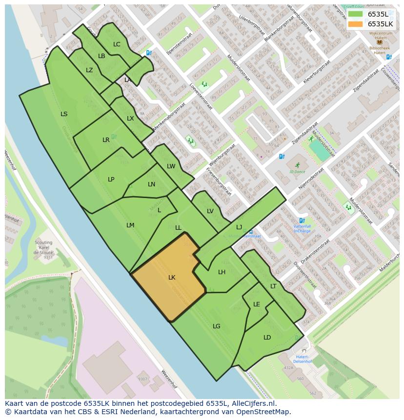 Afbeelding van het postcodegebied 6535 LK op de kaart.