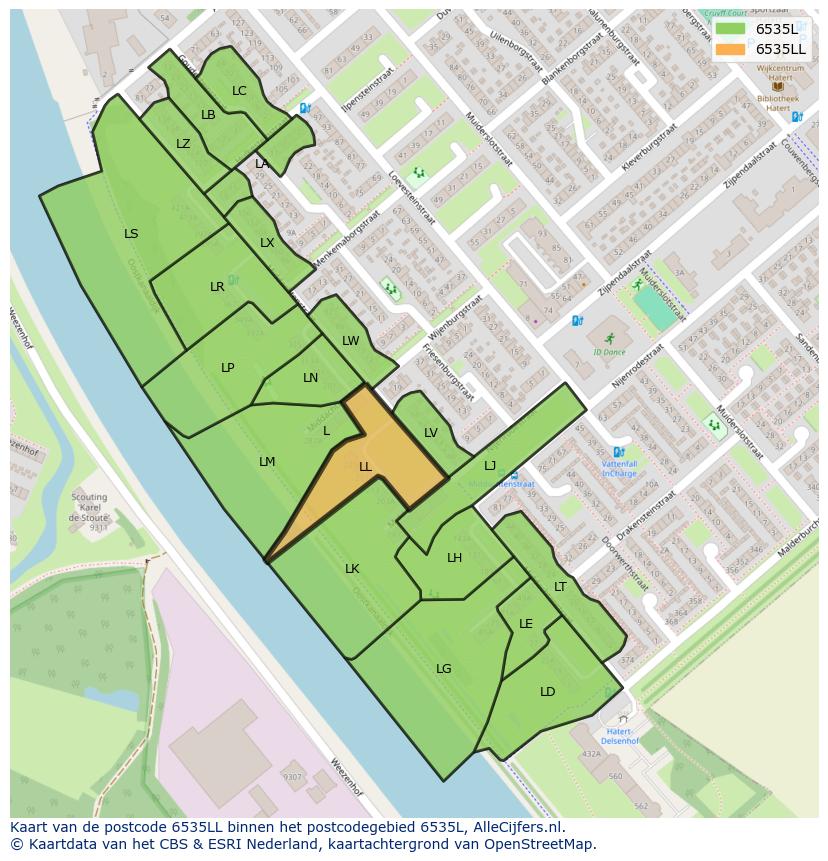 Afbeelding van het postcodegebied 6535 LL op de kaart.