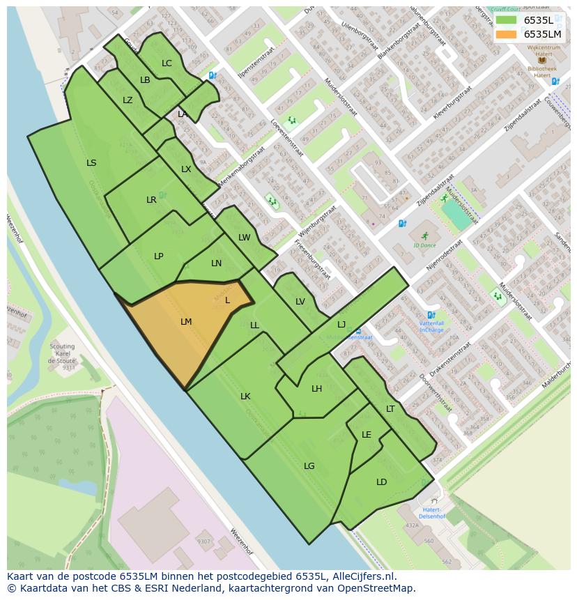 Afbeelding van het postcodegebied 6535 LM op de kaart.