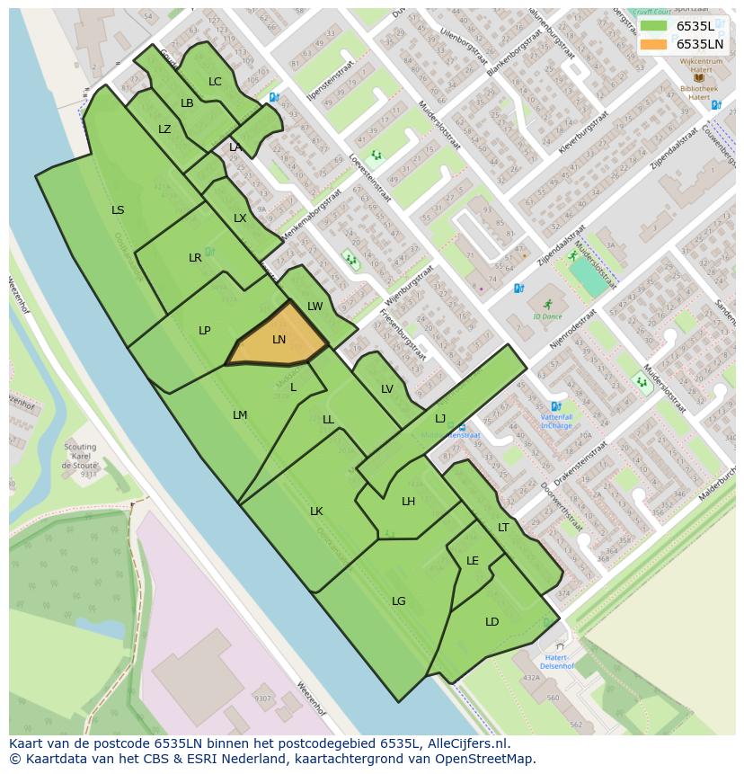 Afbeelding van het postcodegebied 6535 LN op de kaart.