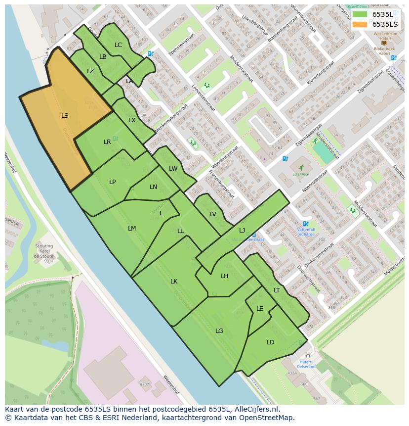 Afbeelding van het postcodegebied 6535 LS op de kaart.