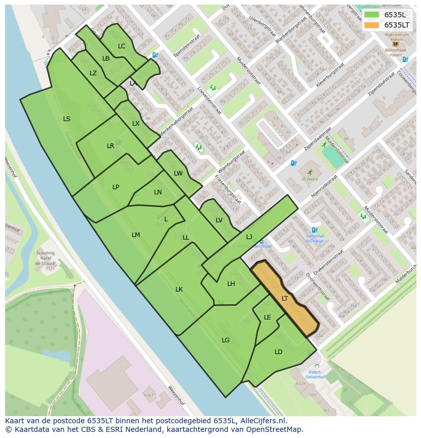 Afbeelding van het postcodegebied 6535 LT op de kaart.