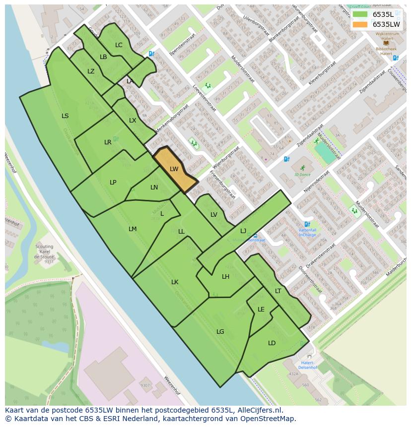 Afbeelding van het postcodegebied 6535 LW op de kaart.