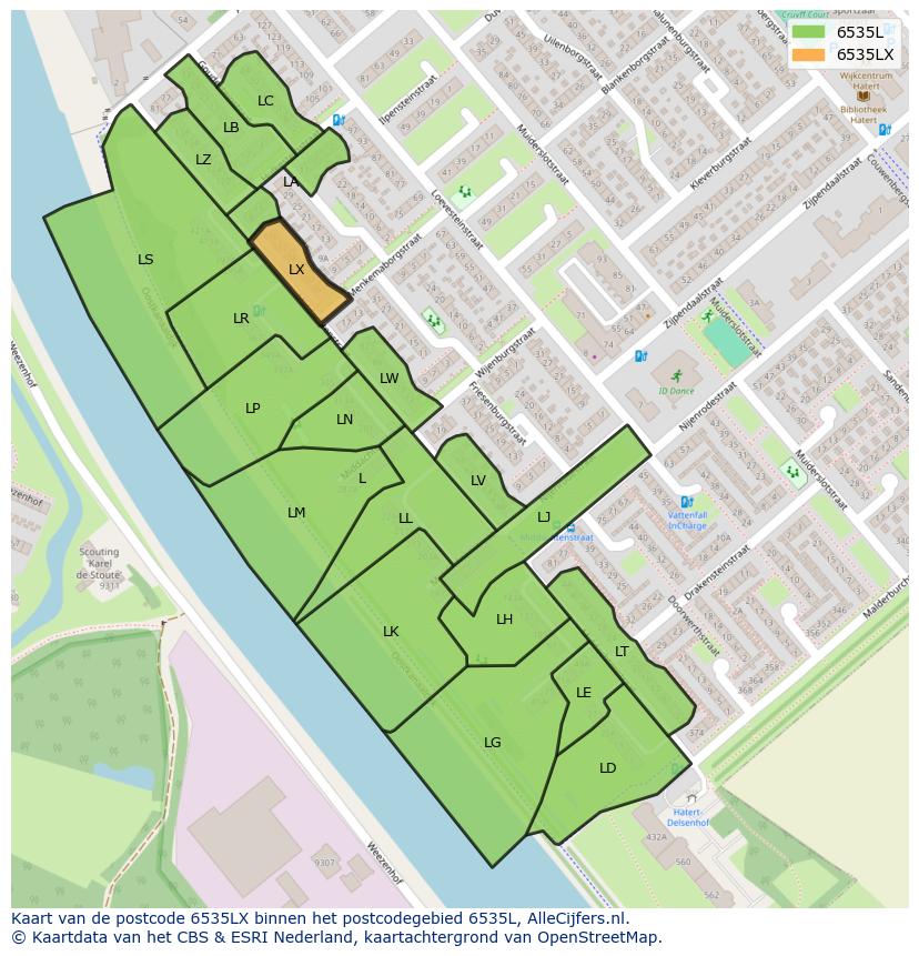 Afbeelding van het postcodegebied 6535 LX op de kaart.