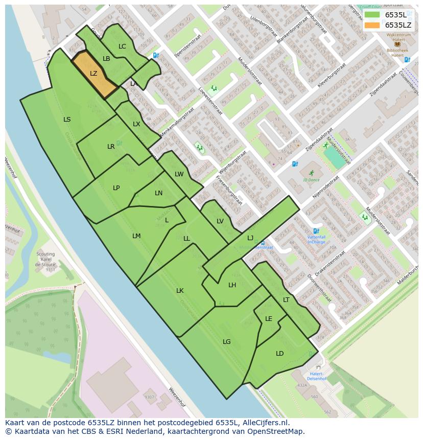 Afbeelding van het postcodegebied 6535 LZ op de kaart.