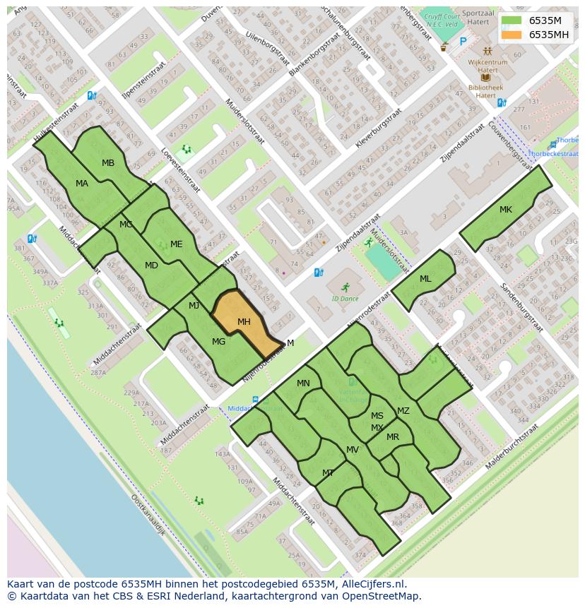 Afbeelding van het postcodegebied 6535 MH op de kaart.