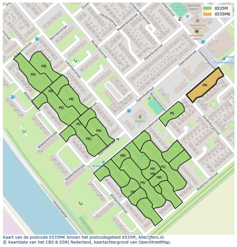 Afbeelding van het postcodegebied 6535 MK op de kaart.