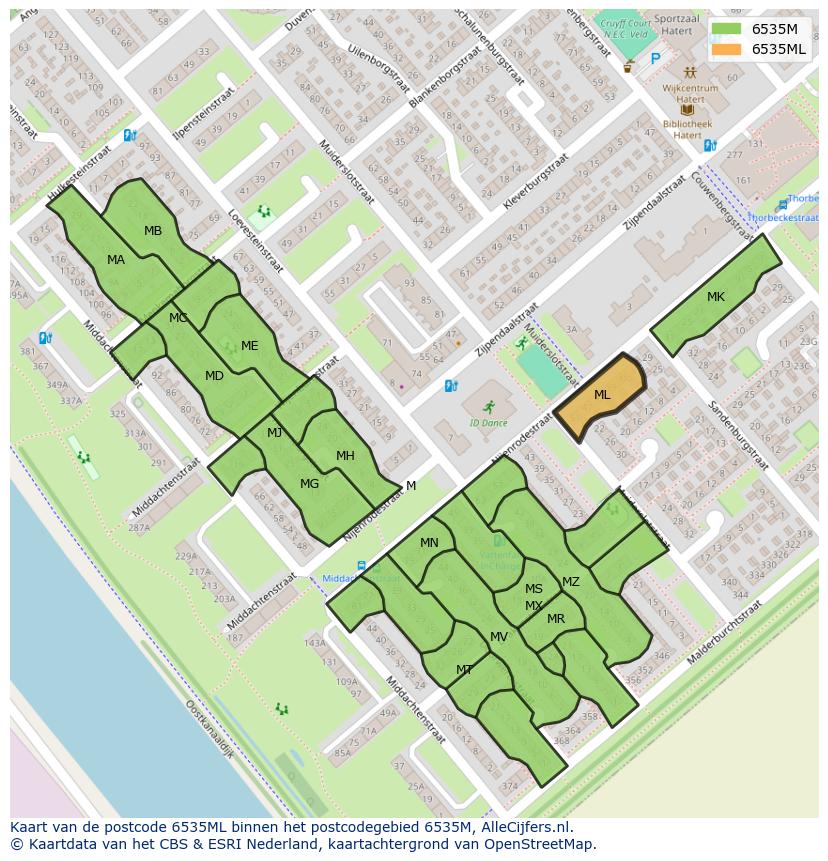 Afbeelding van het postcodegebied 6535 ML op de kaart.