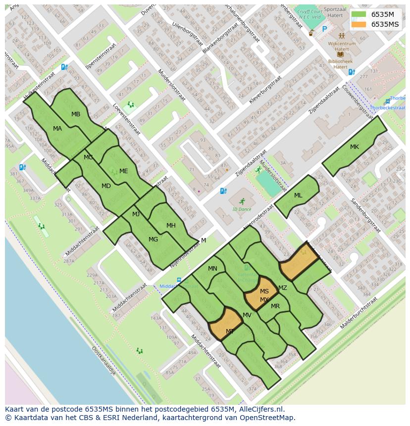 Afbeelding van het postcodegebied 6535 MS op de kaart.