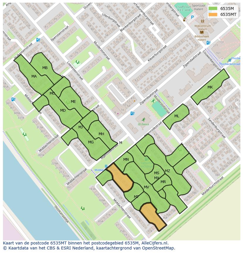Afbeelding van het postcodegebied 6535 MT op de kaart.