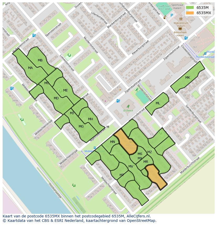 Afbeelding van het postcodegebied 6535 MX op de kaart.
