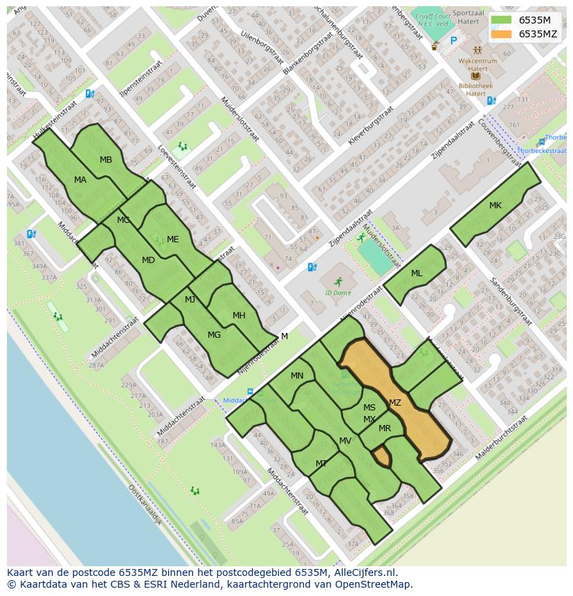 Afbeelding van het postcodegebied 6535 MZ op de kaart.