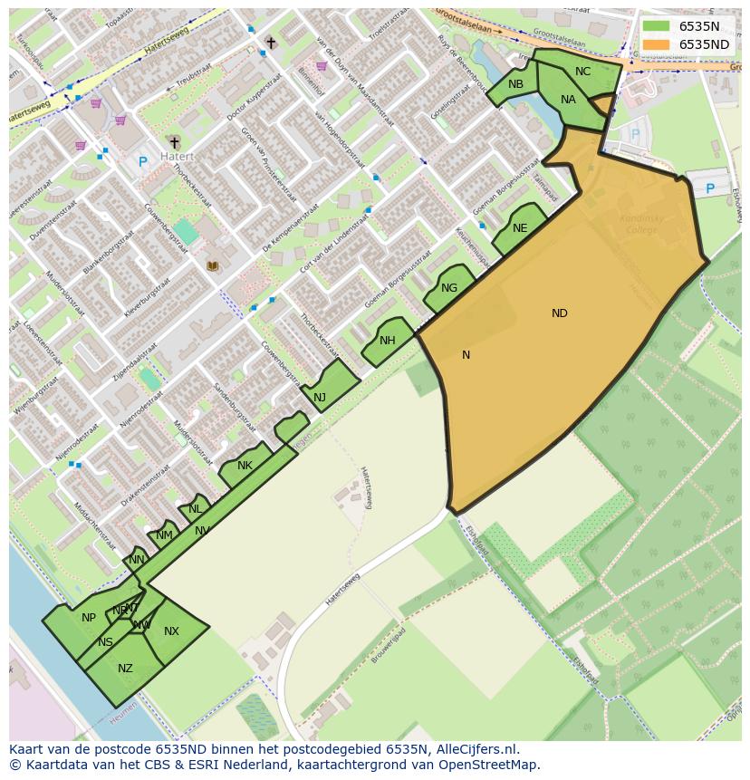 Afbeelding van het postcodegebied 6535 ND op de kaart.