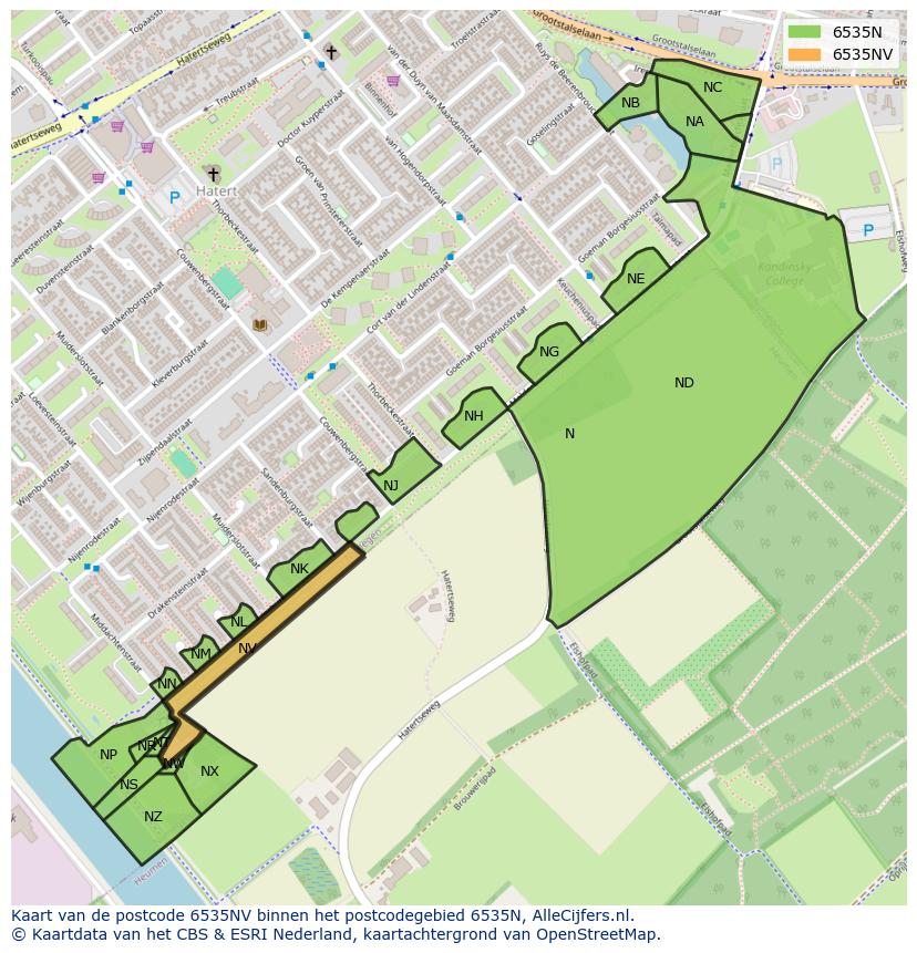 Afbeelding van het postcodegebied 6535 NV op de kaart.