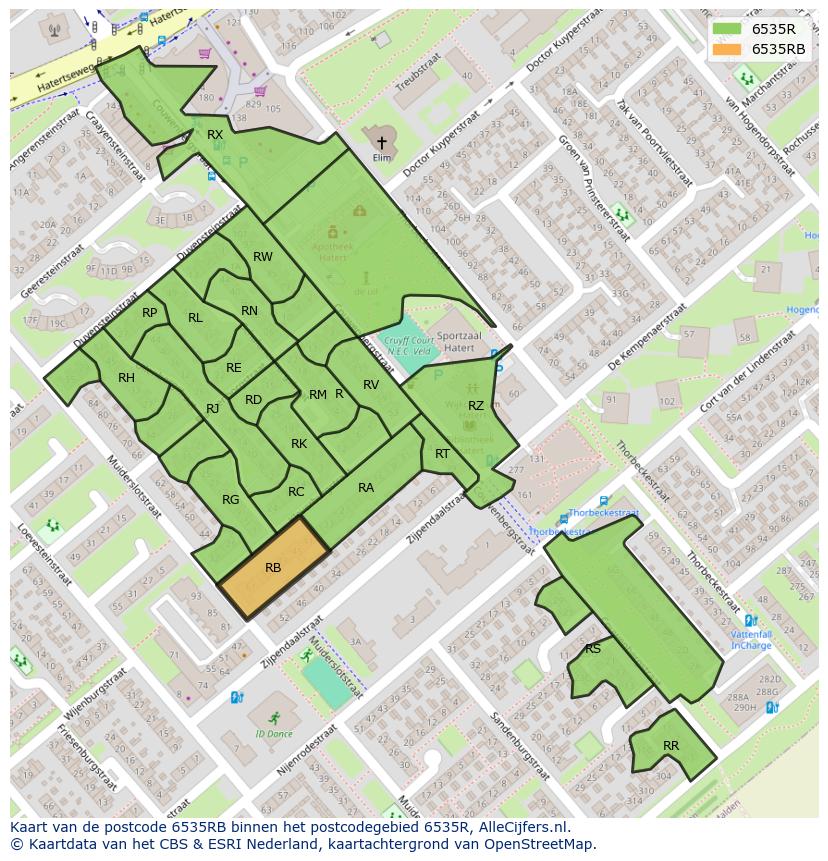 Afbeelding van het postcodegebied 6535 RB op de kaart.