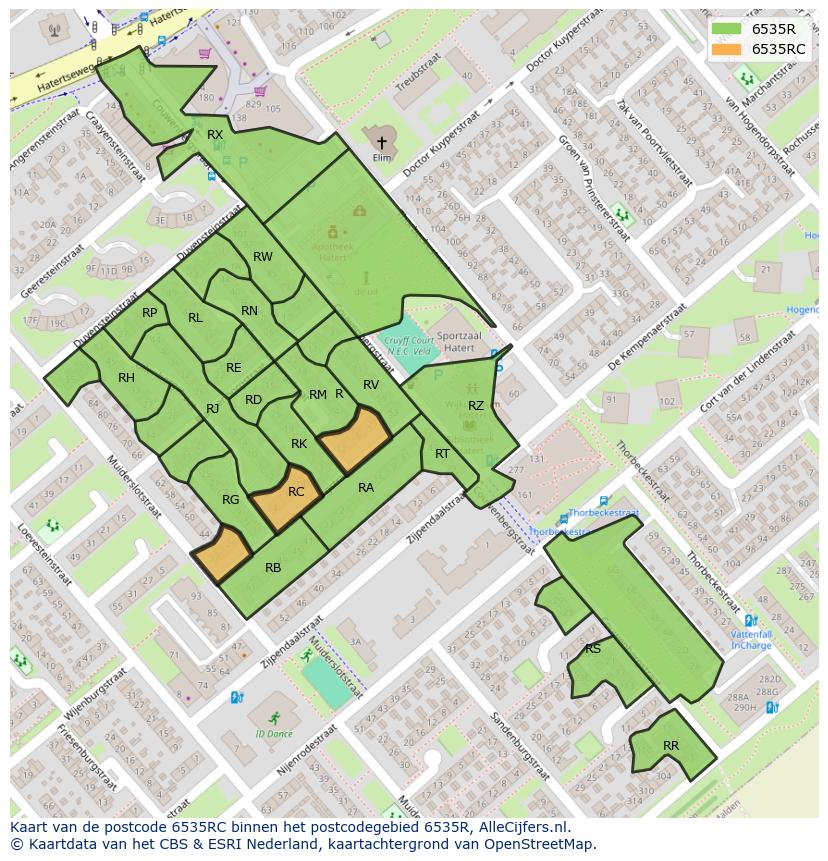 Afbeelding van het postcodegebied 6535 RC op de kaart.