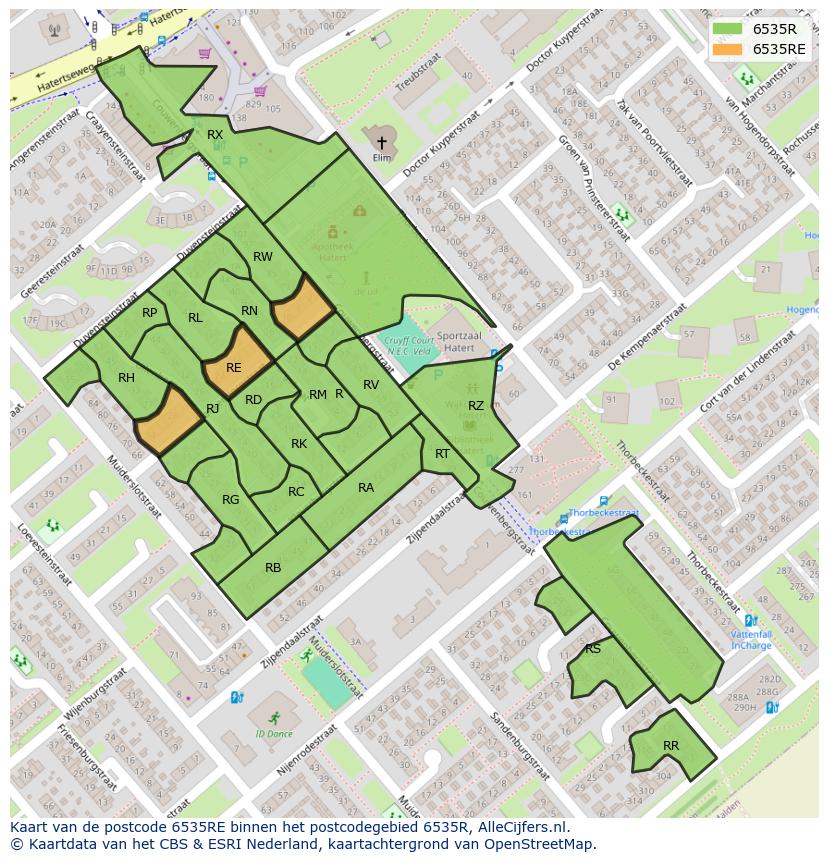 Afbeelding van het postcodegebied 6535 RE op de kaart.