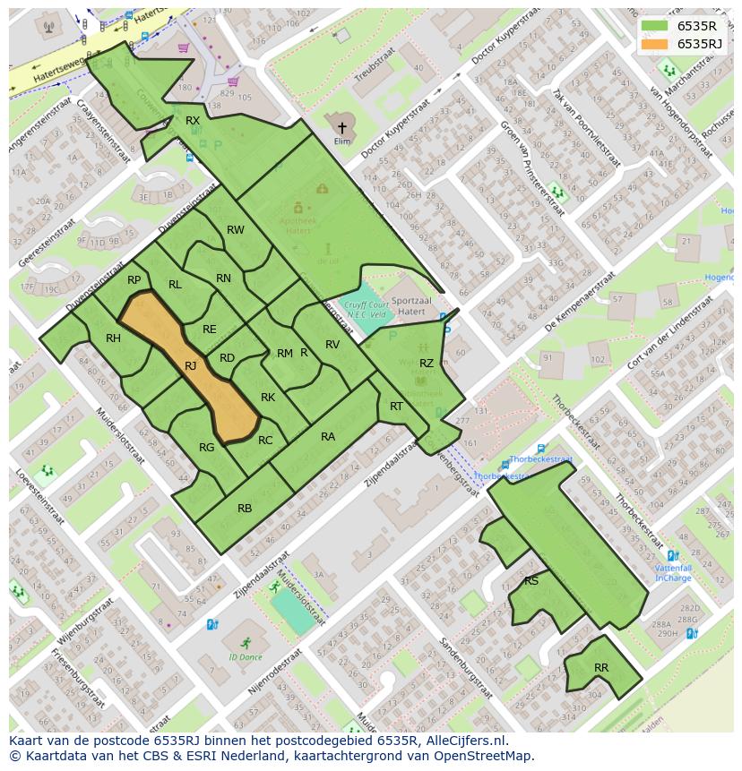 Afbeelding van het postcodegebied 6535 RJ op de kaart.