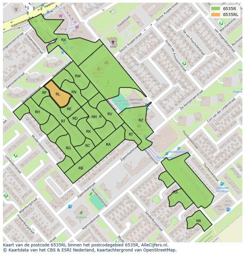 Afbeelding van het postcodegebied 6535 RL op de kaart.