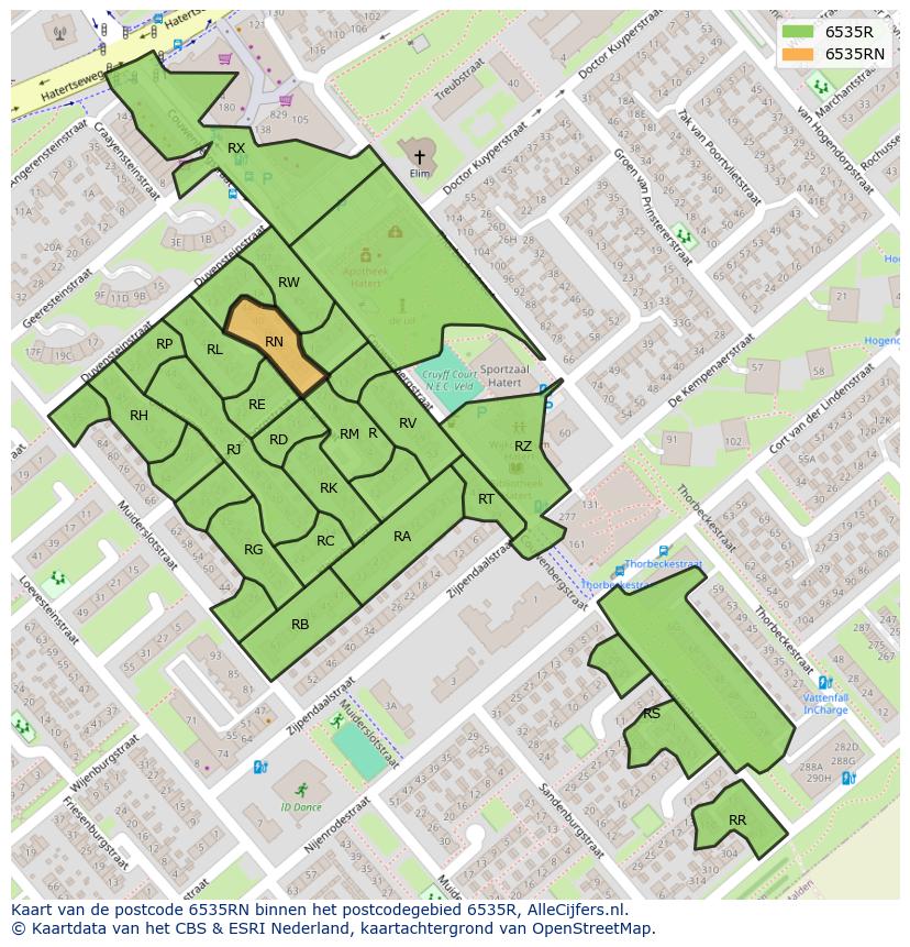 Afbeelding van het postcodegebied 6535 RN op de kaart.