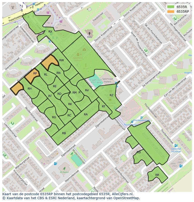 Afbeelding van het postcodegebied 6535 RP op de kaart.