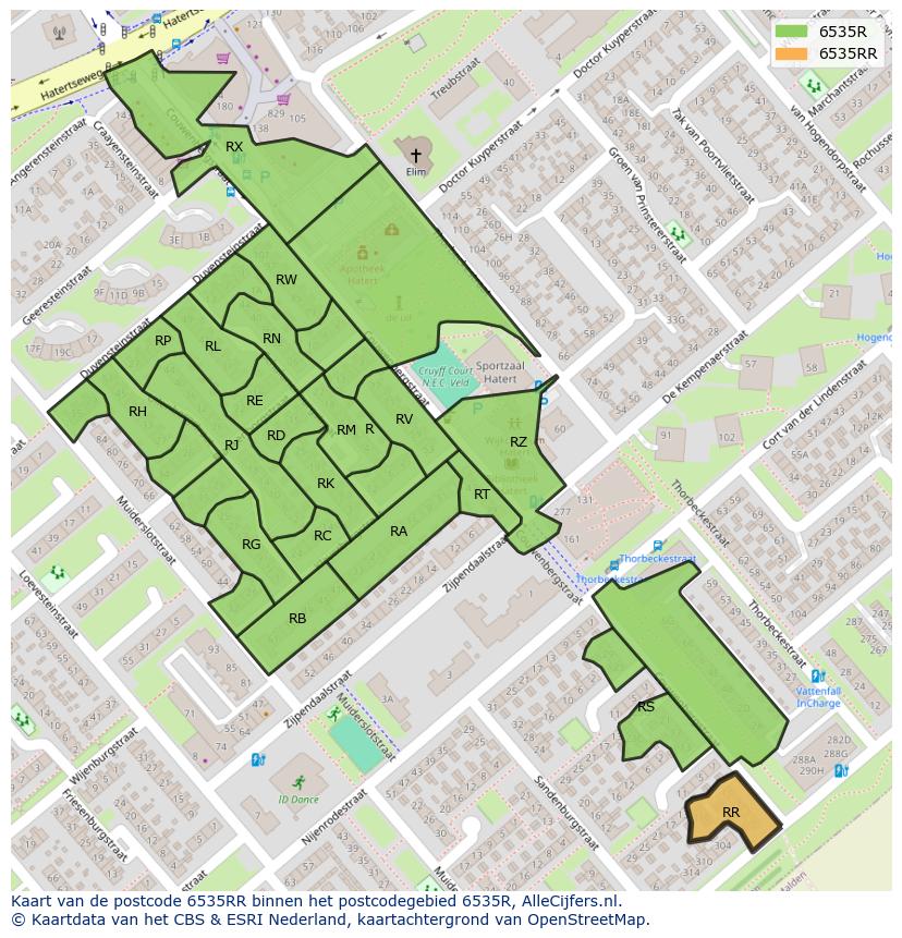 Afbeelding van het postcodegebied 6535 RR op de kaart.