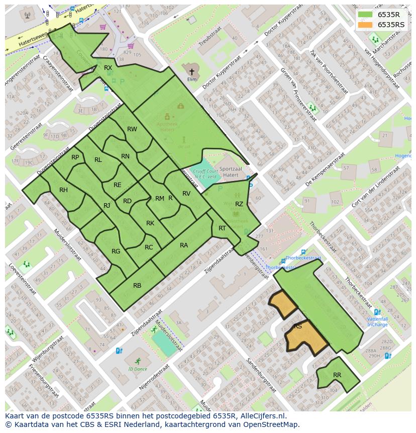 Afbeelding van het postcodegebied 6535 RS op de kaart.