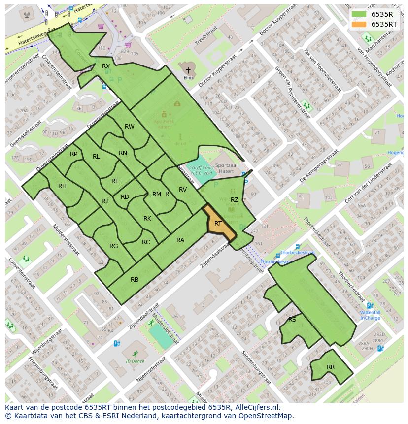 Afbeelding van het postcodegebied 6535 RT op de kaart.