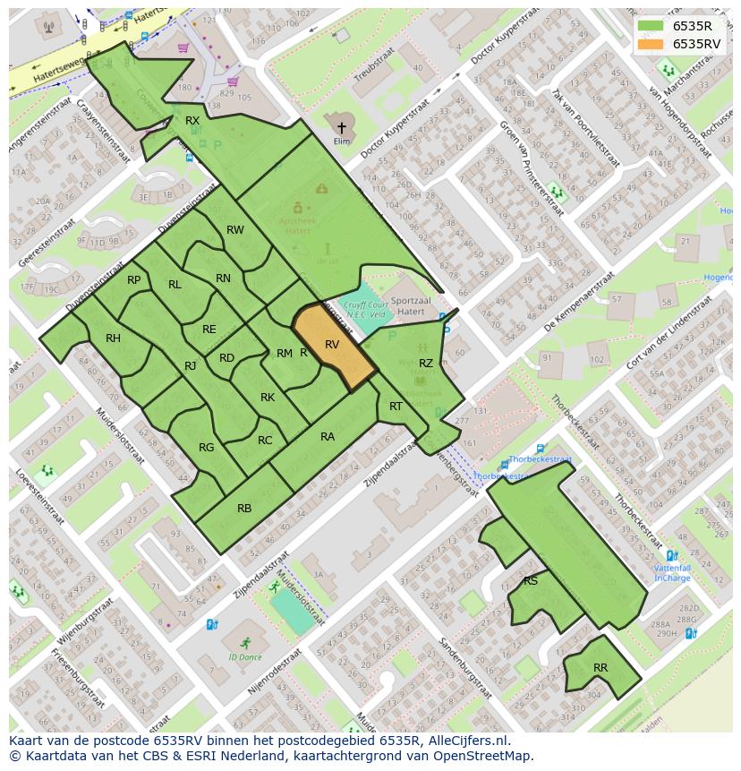 Afbeelding van het postcodegebied 6535 RV op de kaart.