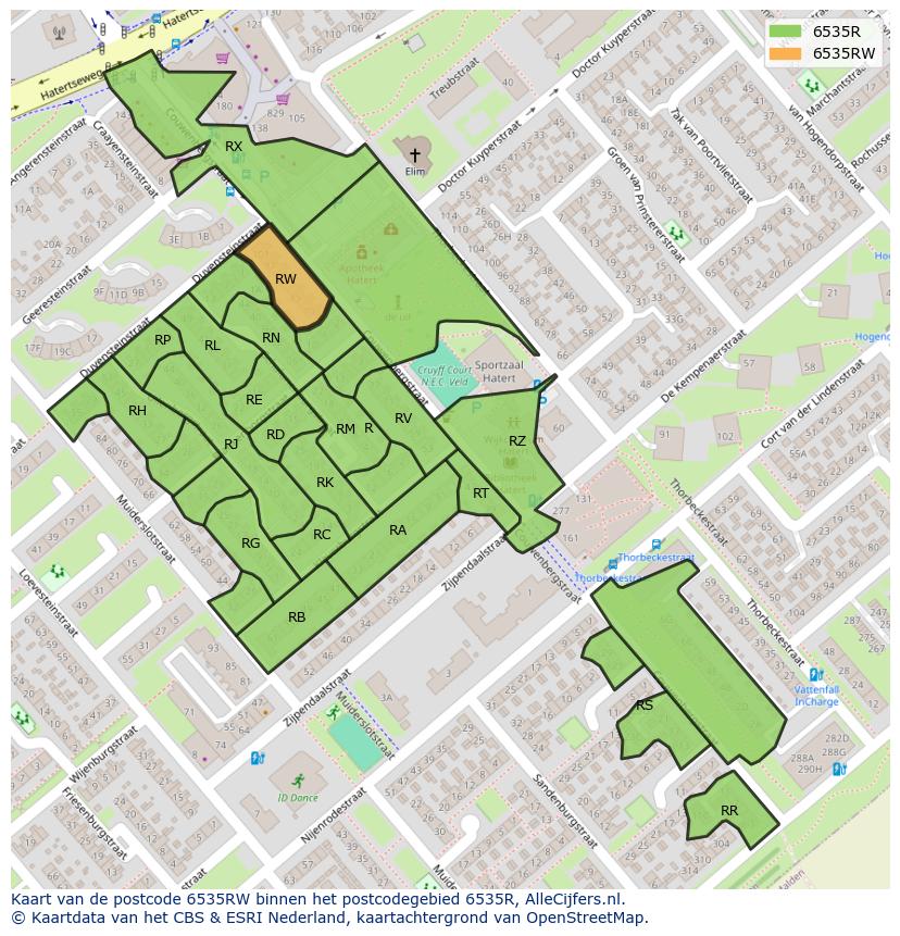 Afbeelding van het postcodegebied 6535 RW op de kaart.